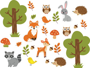 Naklejka premium Cute Forest Animals and Trees Clipart Cartoon Woodland Set on White Background