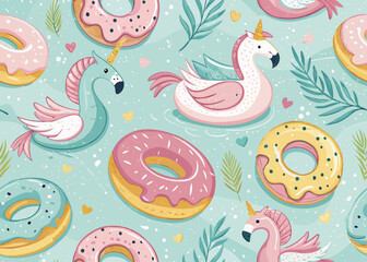 Seamless pattern of inflatable swim rings donuts flamingos unicorn floaties pastel pink mint and yellow tones