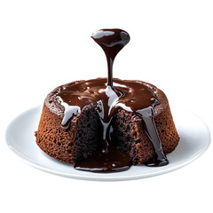 Molten chocolate lava cake with dripping sauce, isolated on transparent background