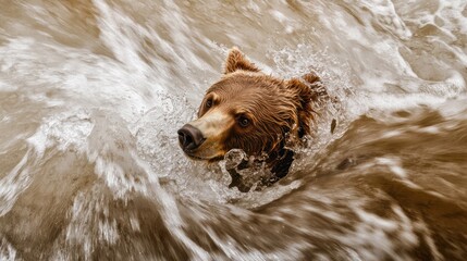 Fototapeta premium Grizzly bear emerges from a powerful river current. Powerful head and neck emerge from the surging water. Brown fur contrasts against the churning brown water