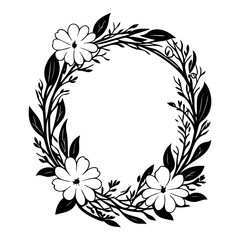 Elegant monochrome floral wreath illustration with delicate botanical details