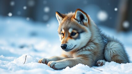 Fototapeta premium An adorable wolfdog puppy rests peacefully in the snow du a gentle winter snowfall in a serene forest setting.