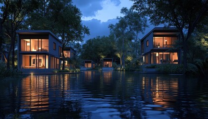 Obraz premium Modern Houses in Forest at Night Reflecting in Water
