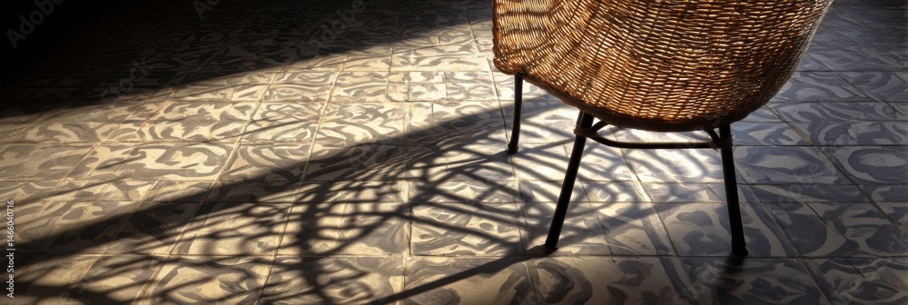 Fototapete wicker chair casting intricate shadows on tiled floor in a sunlit room generative ai