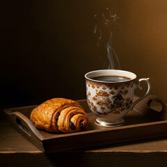 Enjoying Coffee and Croissant on Tray with Rising Steam
