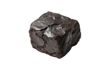 A dark, square brownie with a slightly cracked top