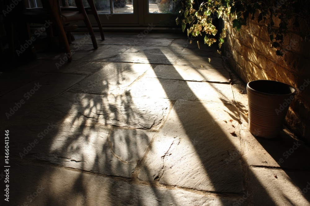 Poster Sunbeam Cutting Across the Shaded Terrace Floor Creating a Play of Light and Shadows on a Quiet Afternoon Generative AI