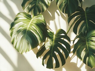 Monstera leaves casting soft shadows against a white wall minimalist composition with natural light highlighting the elegant shapes and textures of the leaves