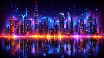 Obraz premium Futuristic urban landscape with vibrant city lights reflecting i