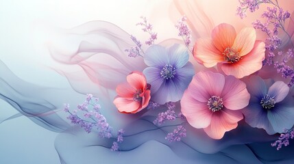 Elegant pastel floral background with soft pink and lavender blossoms, swirling vines, and flowing ribbon elements 