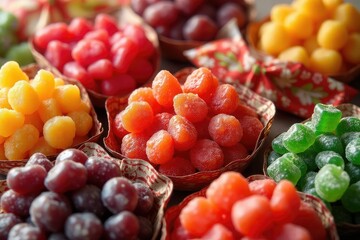 Assorted colorful candies in traditional Eastern-style packaging , korean, wrapper, texture