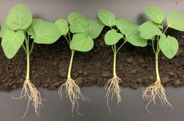 Young plants with visible roots in soil.  Four small plants with fresh green leaves and extensive root systems are shown growing in dark soil