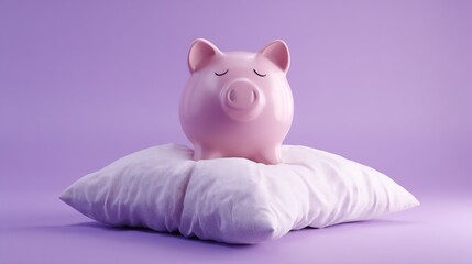 Pink piggy bank rests on white pillow against lilac background, symbolizing savings, rest, financial security, or peaceful sleep