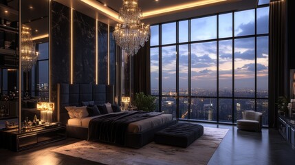 Modern interior design with large window and city view