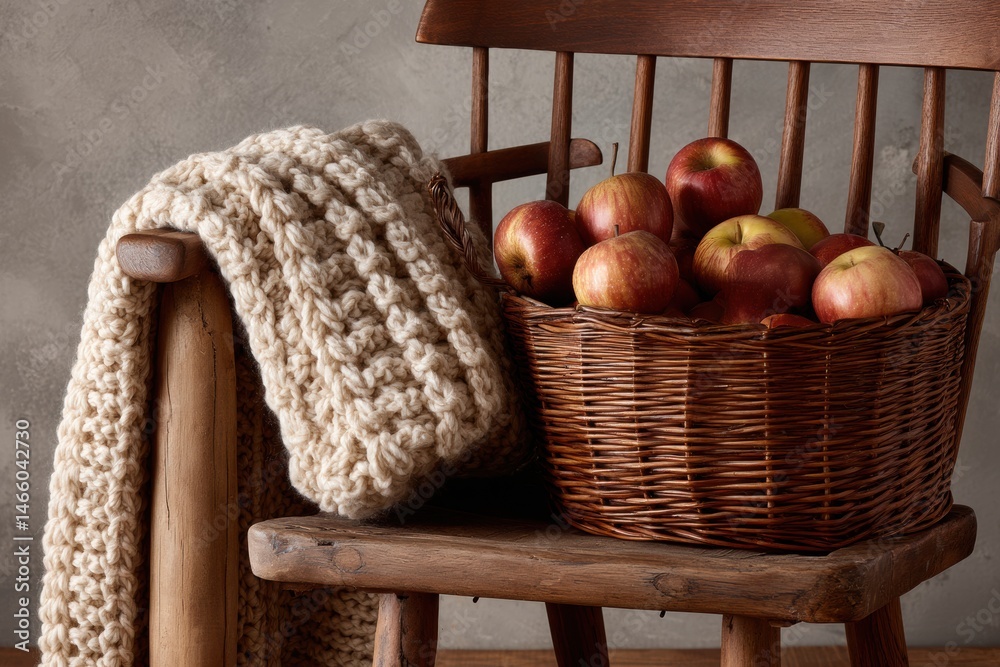 Poster Cozy Wooden Chair Draped With a Knit Throw Beside a Basket Filled With Fresh Apples, Creating a Warm and Inviting Atmosphere Generative AI