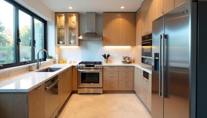 Modern kitchen, stainless steel appliances, granite counters, sleek, luxury