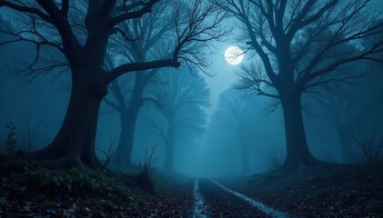 Spooky forest at night, fog swirls around gnarled trees, photo, graphics, scary