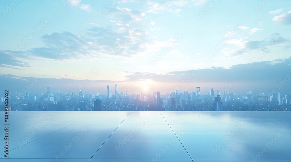 Poster 青い空と雲の背景に反射する水面を持つぼやけたスカイラインの都市景観
