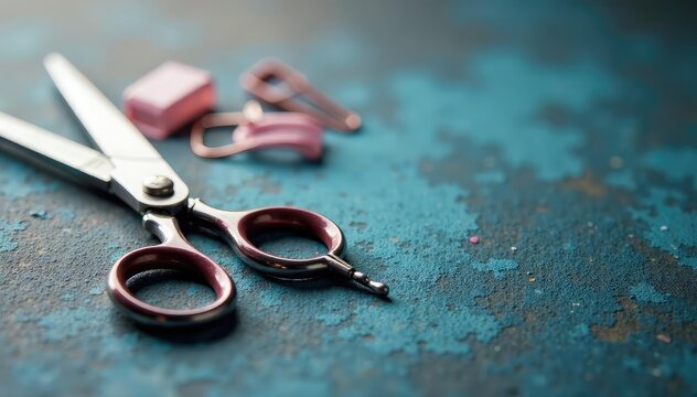Close-up of scissors and hair clips on a textured surface , professional, surface - Powered by Adobe