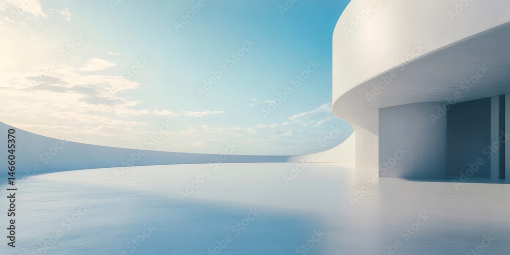 Poster 白い建築構造のミニマルなデザインと晴れた日の空の背景を持つ未来的な都市の風景