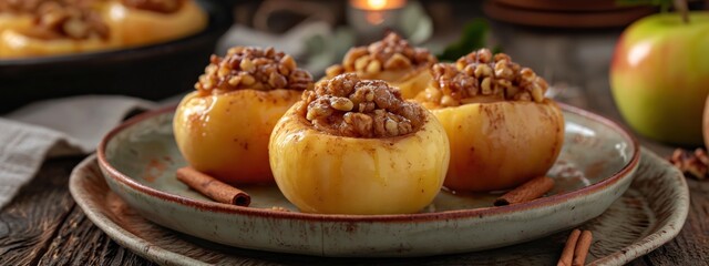 Baked Apples Stuffed With Nuts and Cinnamon on a Rustic Plate in a Cozy Dining Setup With Warm Lighting