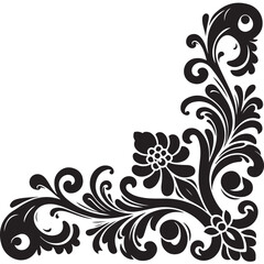 Elegant Black Floral Corner Ornament Vector Design with Vintage Swirl Patterns &ndash; Decorative Botanical Frame Element for Invitations, Tattoos, and Graphic Projects.