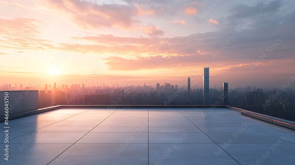 Aufkleber 日の出時の高層ビル群の屋上からの眺め 夕焼け色の空と都市景観のパノラマ