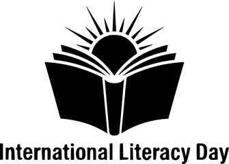 International Literacy Day logo featuring open book and sun.