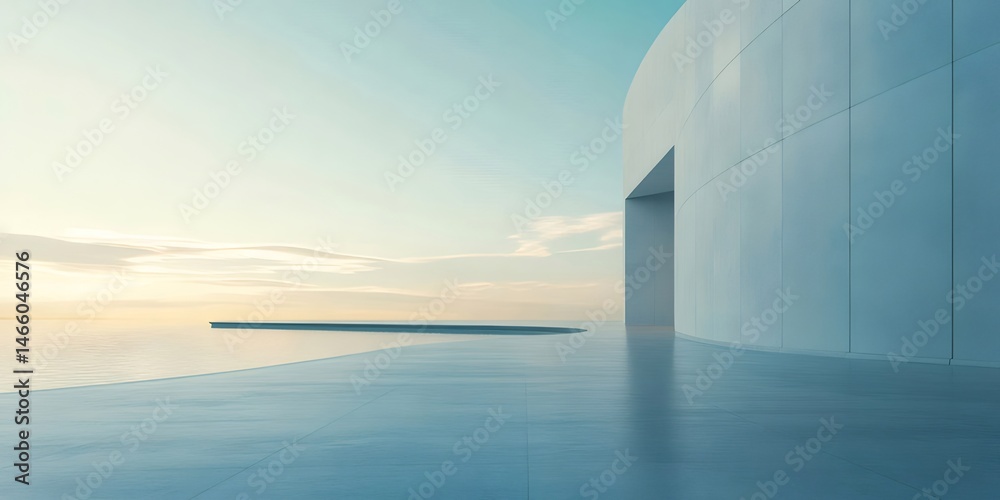 Poster 水色の海の背景に対する白いコンクリート構造のミニマリスト建築デザインの抽象的な眺め