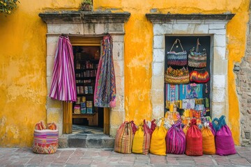 Vibrant yellow building with two shops displaying colorful textiles and woven bags