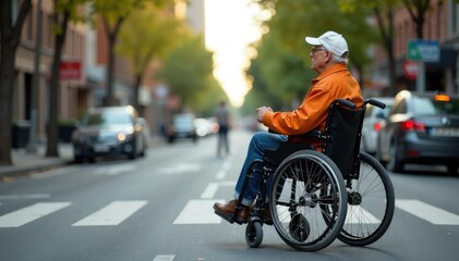 Determined senior navigating city street in wheelchair , determined, power, navigation