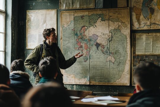 A history class with maps and timelines hanging on the walls A teacher passionately tells a story from the past using gestures and expressions The mood is exciting and educational - Powered by Adobe