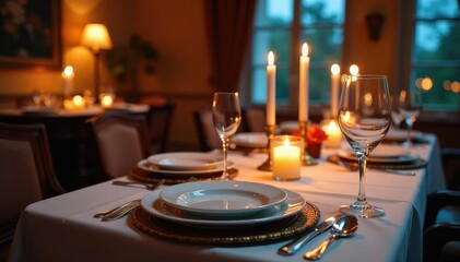 Elegant dinner party setting with candles, fine china, and silverware , sophisticated, interior, event