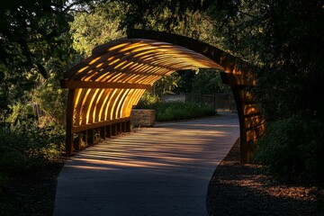 Wooden archway bridge pathway at dusk.
