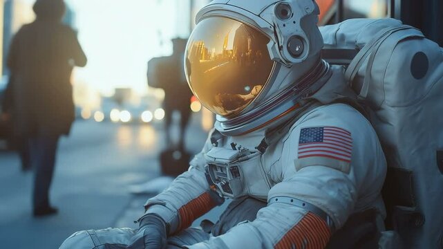 An astronaut is sitting on a bustling downtown city street during daylight, creating a surreal and imaginative scene