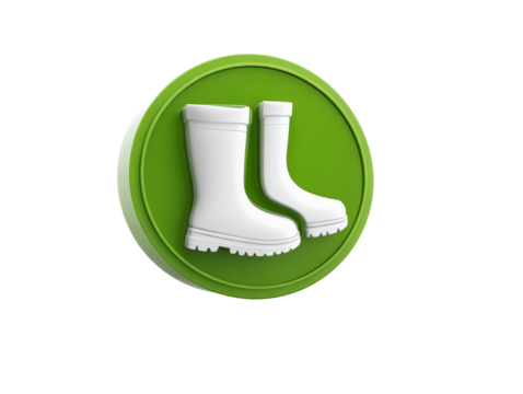 Exploring the Significance and Utility of White Rubber Boots as Essential Safety Equipment Placed on a Bright Green Button for Enhanced Visibility