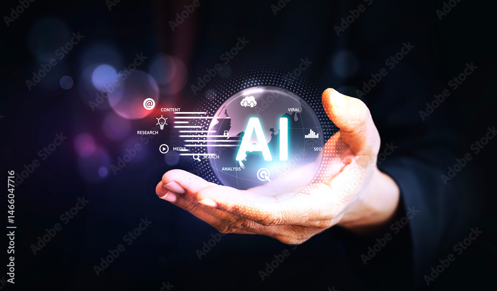 Fototapete artificial intelligence. businessman using technology smart robot intelligence by enter command prom