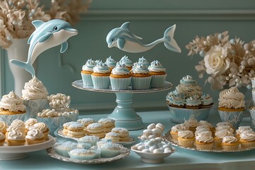 Elegant dolphin themed dessert table featuring cupcakes and sweet treats for celebration