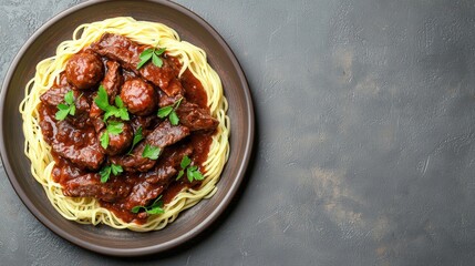 A plate of spaghetti topped with rich meat sauce, meatballs, and fresh parsley on a dark background.