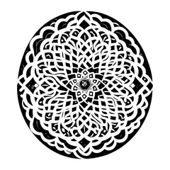Intricate circular linocut print showcasing black and white symmetry pattern