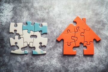 Two jigsaw puzzle shapes, one a house, represent fragmented and complete ideas.  The house shape is complete, while the other shape is incomplete