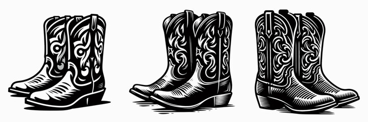 The Cowboy Boots. Symbol Vector Clip art. Western footwear leather riding boot for ranch lifestyle & country fashion.