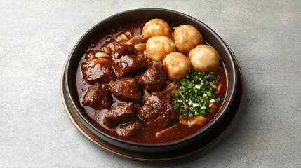 Fototapeta premium A bowl of rich beef stew with dumplings, mushrooms, and fresh chopped herbs on a gray surface.