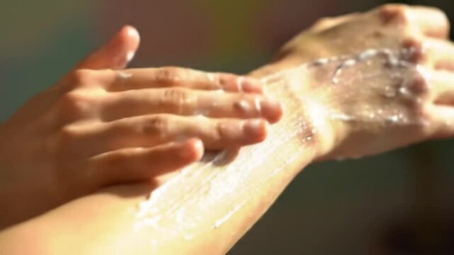 Woman Applying Lotion to Arm in Sunlight