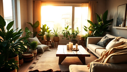 Fototapeta premium Modern Living Room Interior: Sunlight & Indoor Plants for a Cozy, Inviting Space