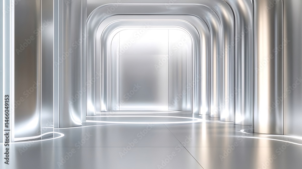 Aufkleber 光沢のある白い金属の廊下の建築設計で、モダンな未来的な3Dレンダリング、抽象的な背景に光沢のある通路がミニマリストスタイル