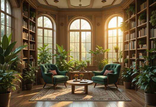 Cozy library with arched windows, leather armchairs, bookshelves, and classical decor.
