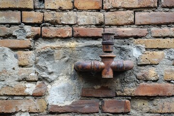 Rusted plumbing fixtures attached to a weathered brick wall.  Mortar joints show signs of age