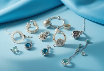 Elegant jewelry collection including rings, bracelets, and necklaces on a blue cloth.
