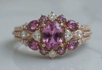 Purple gemstone ring with intricate gold setting in a highly detailed 3D render.
